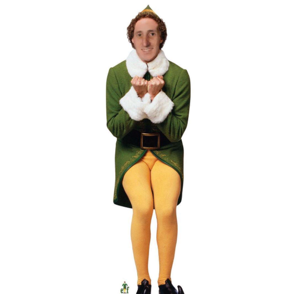 Tim's face composited onto a costumed holiday elf character.