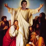 Tim depicted in the traditional Pantocrator pose, robed in gold light, blessing a gathering of disciples.