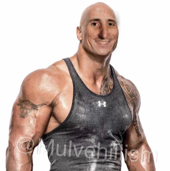 Tim's likeness composited onto the physique of a professional wrestler in a tank top with a tribal tattoo.