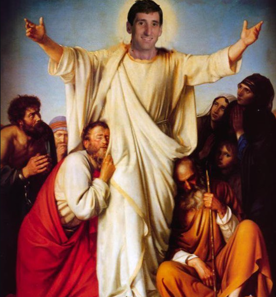 Tim transfigured in radiant robes among a gathering of witnesses, arms outstretched.
