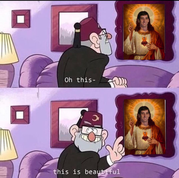 A meme of a cartoon character admiring a framed portrait of the Sacred Heart of Tim, captioned this is beautiful.